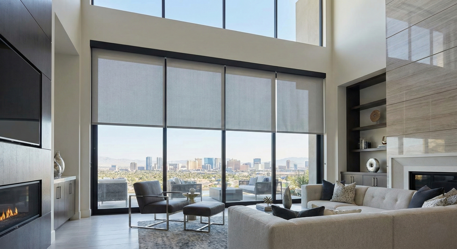 Motorized solar shades in The Ridges Las Vegas preserving Strip View