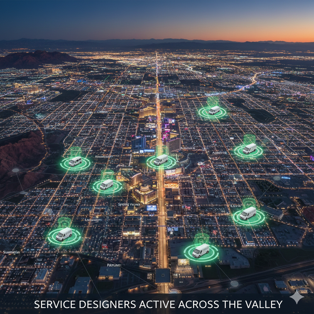 Map of Las Vegas showing active window covering service trucks in Summerlin and Henderson