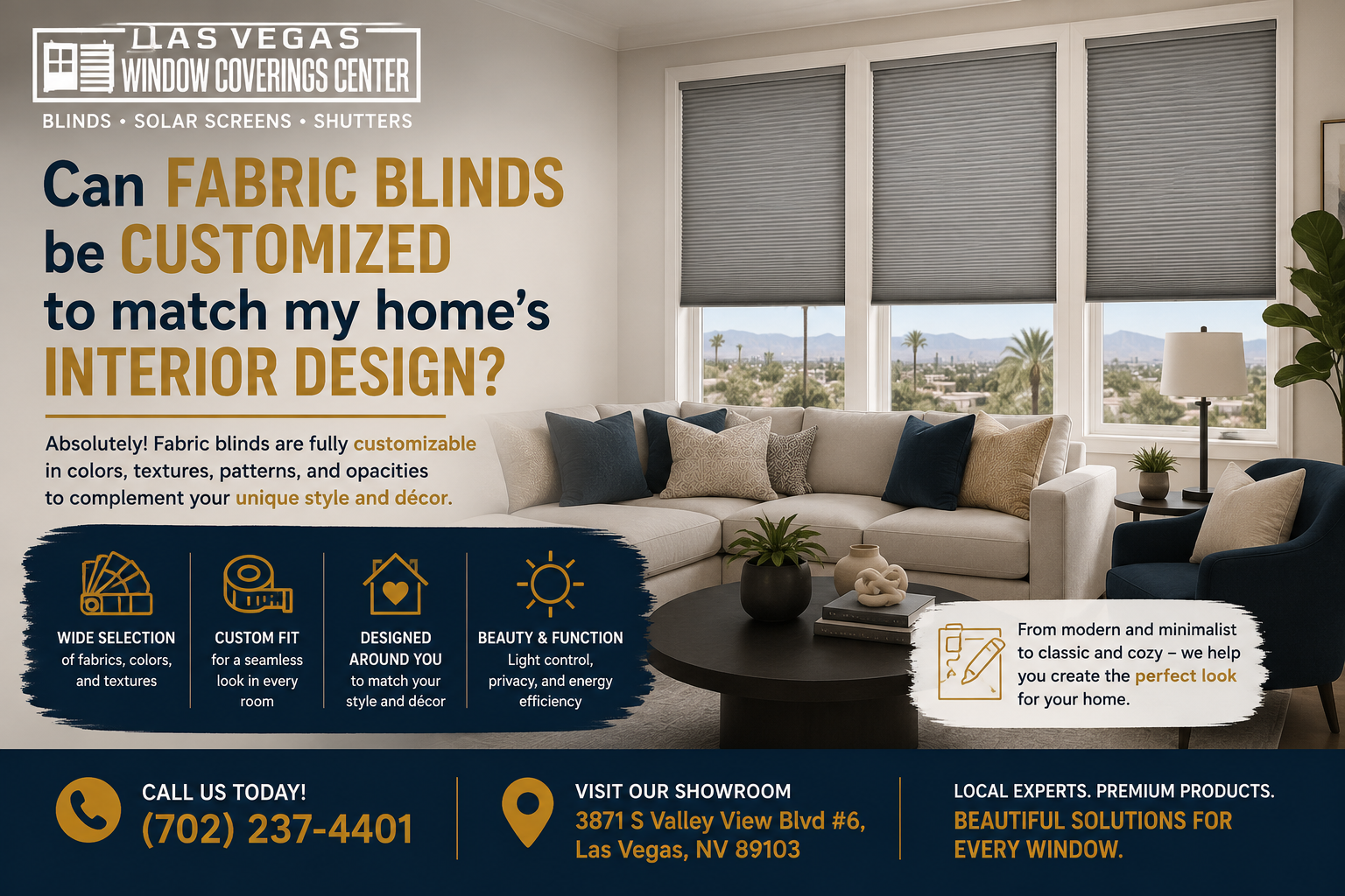 Fabric blind colors and textures coordinated with a Las Vegas home interior