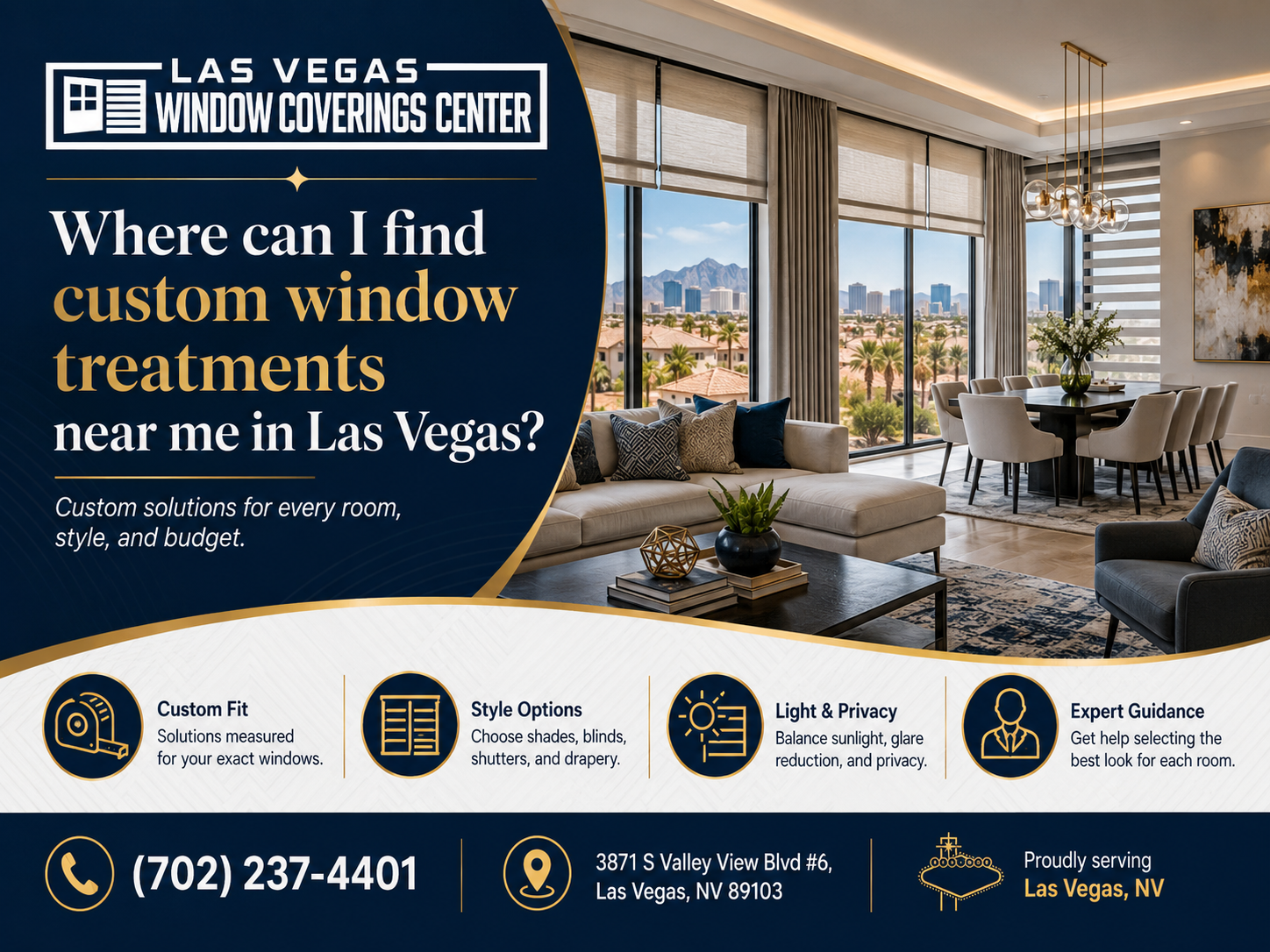Custom window treatments near me in Las Vegas at a local blinds, shades, screens, and shutters showroom