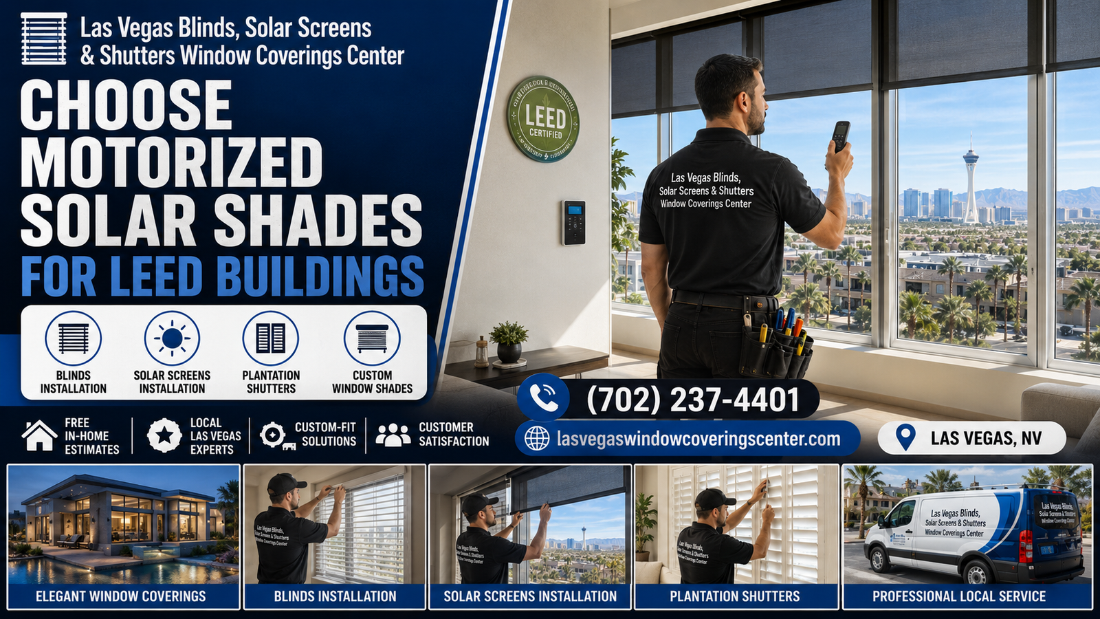A modern commercial office building in Las Vegas utilizing automated motorized solar shades for LEED building compliance.