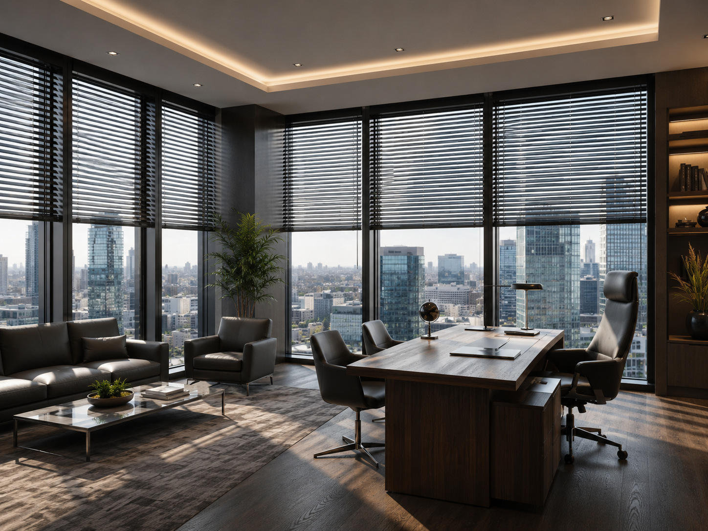 Commercial horizontal blinds in a Las Vegas executive office with city views