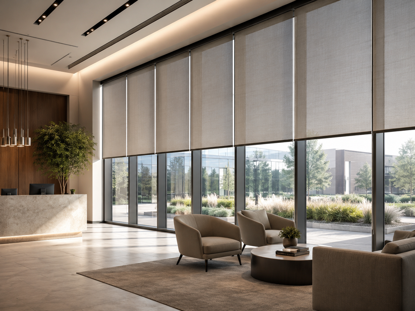 Commercial blinds and roller shades for Las Vegas office lobby windows