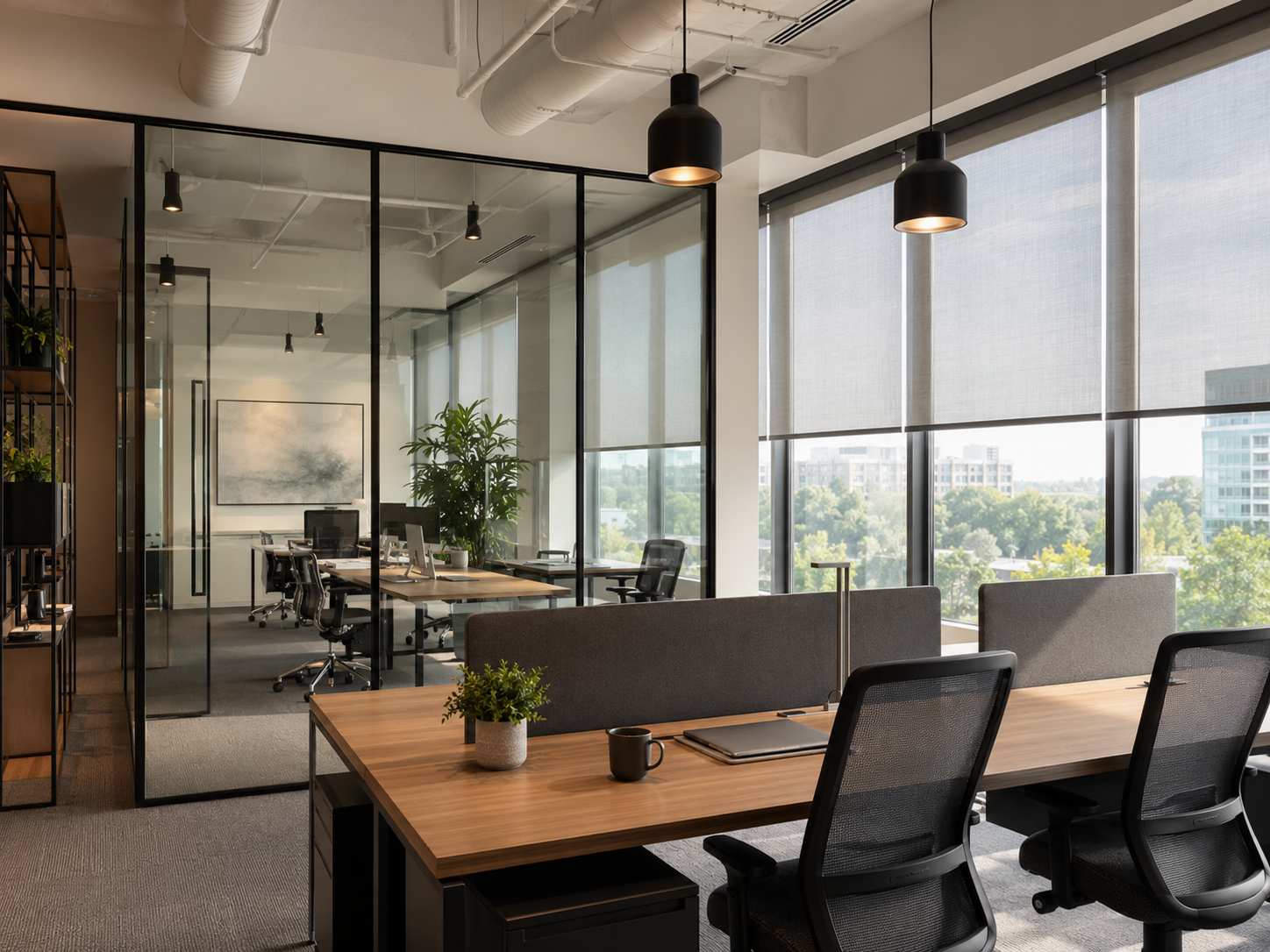 Office window treatments in Las Vegas with solar roller shades