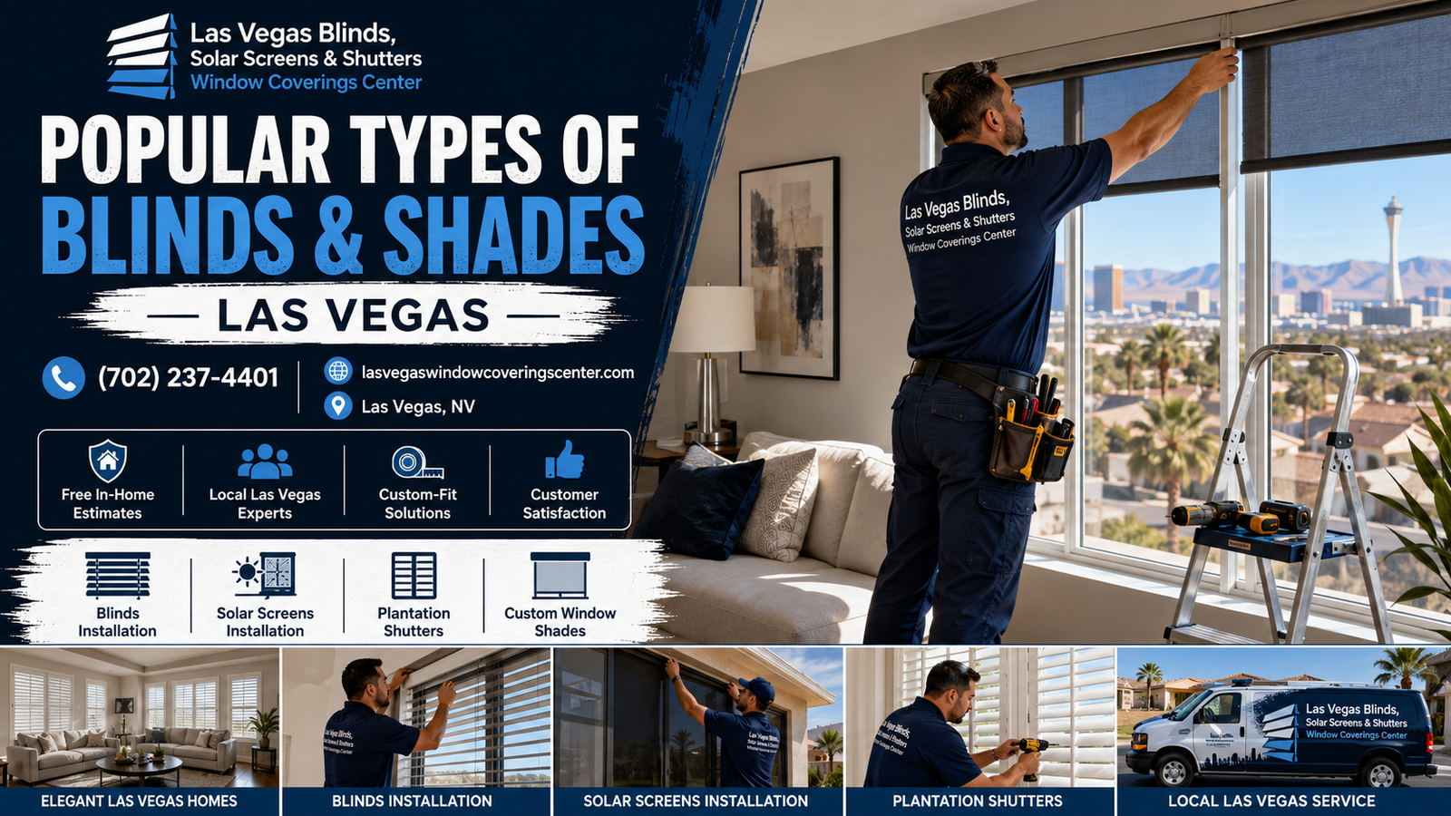 A beautiful living room in Las Vegas featuring popular types of blinds and shades for heat and light control.