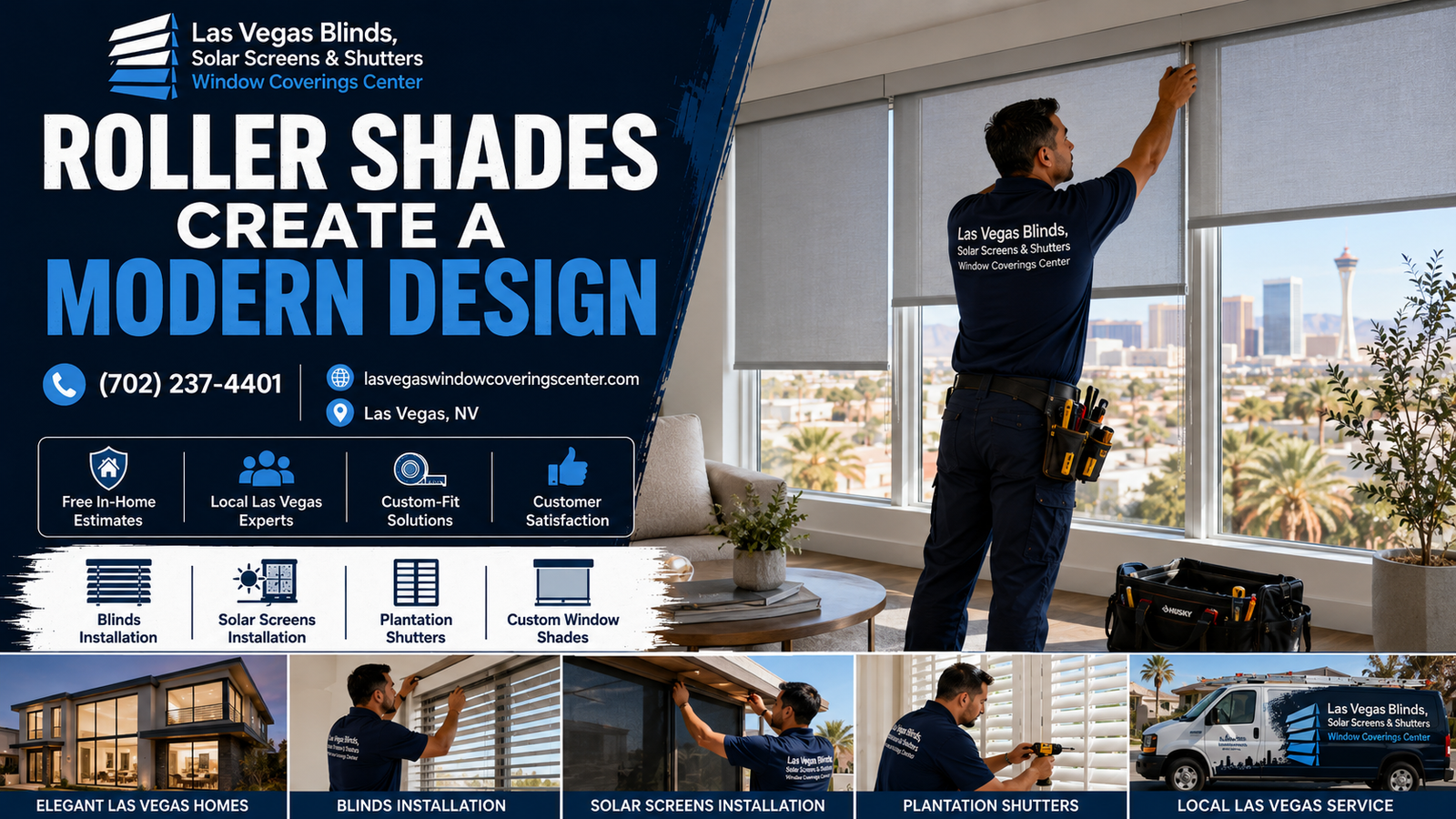 Modern Las Vegas living room featuring sleek custom roller shades that create a contemporary design and manage sunlight.
