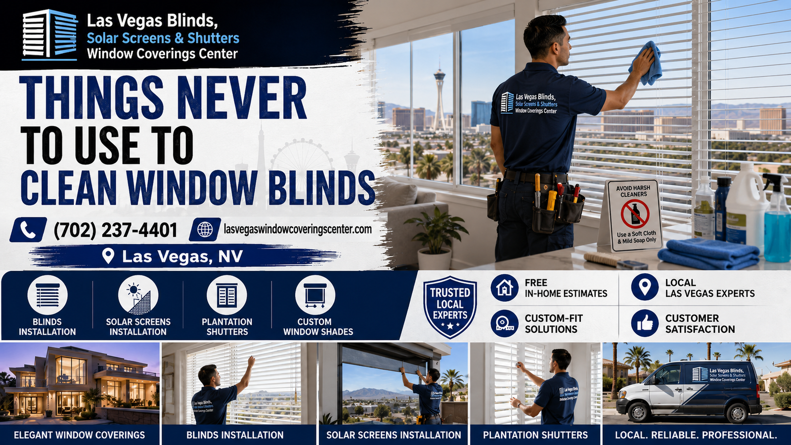 A clean, modern living room in Las Vegas featuring custom window blinds maintained with safe cleaning techniques.