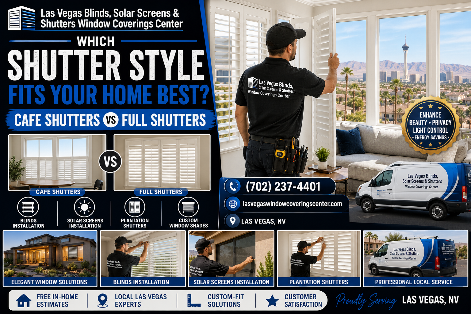 A beautifully designed Las Vegas living room comparing the aesthetic and functional differences of cafe shutters and full height plantation shutters.