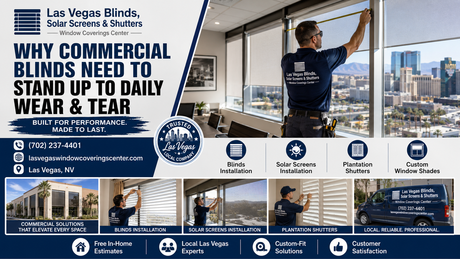 Durable commercial blinds standing up to daily wear and tear in a busy Las Vegas office environment.