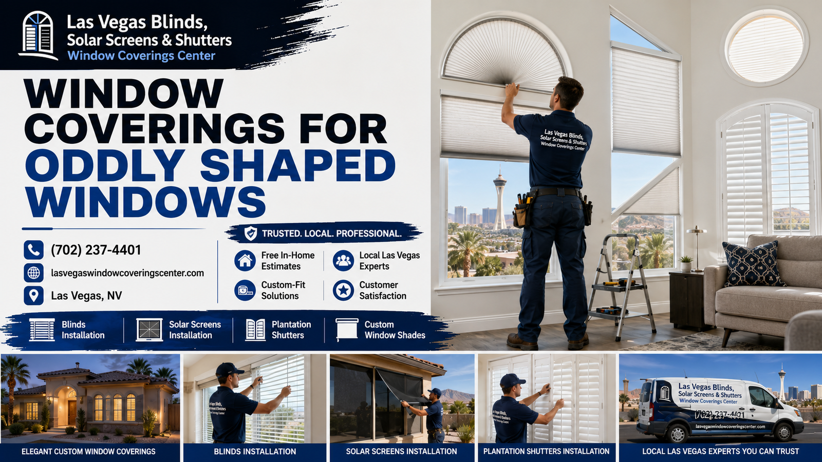 Custom window coverings for oddly shaped windows installed in a modern Las Vegas home to manage sunlight and glare.
