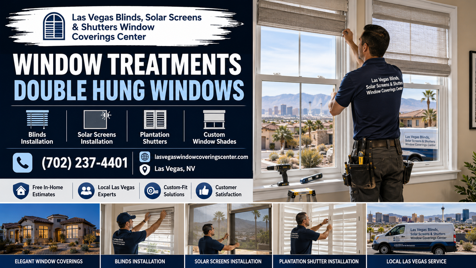 Window treatments for double-hung windows in a Las Vegas home by Las Vegas Blinds Solar Screens and Shutters Window Coverings Center