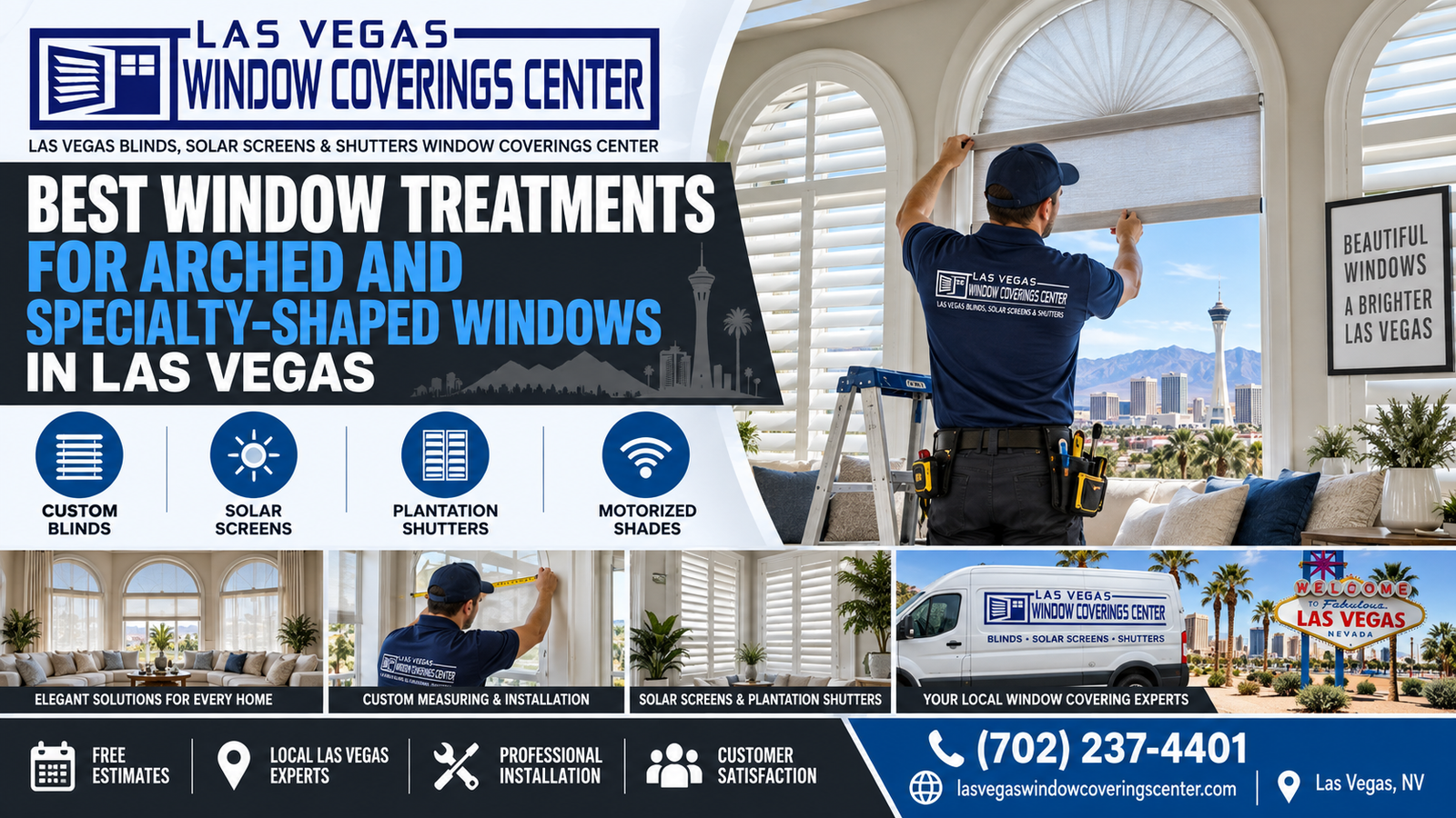 Custom window treatments fitted to arched and specialty-shaped windows in a Las Vegas home