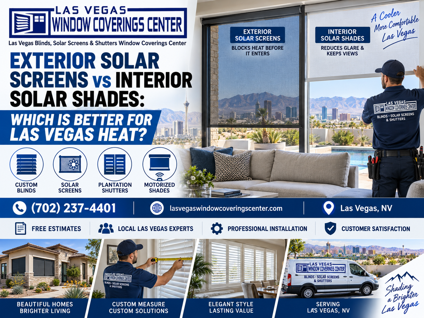 Exterior solar screens vs interior solar shades comparison for reducing Las Vegas window heat