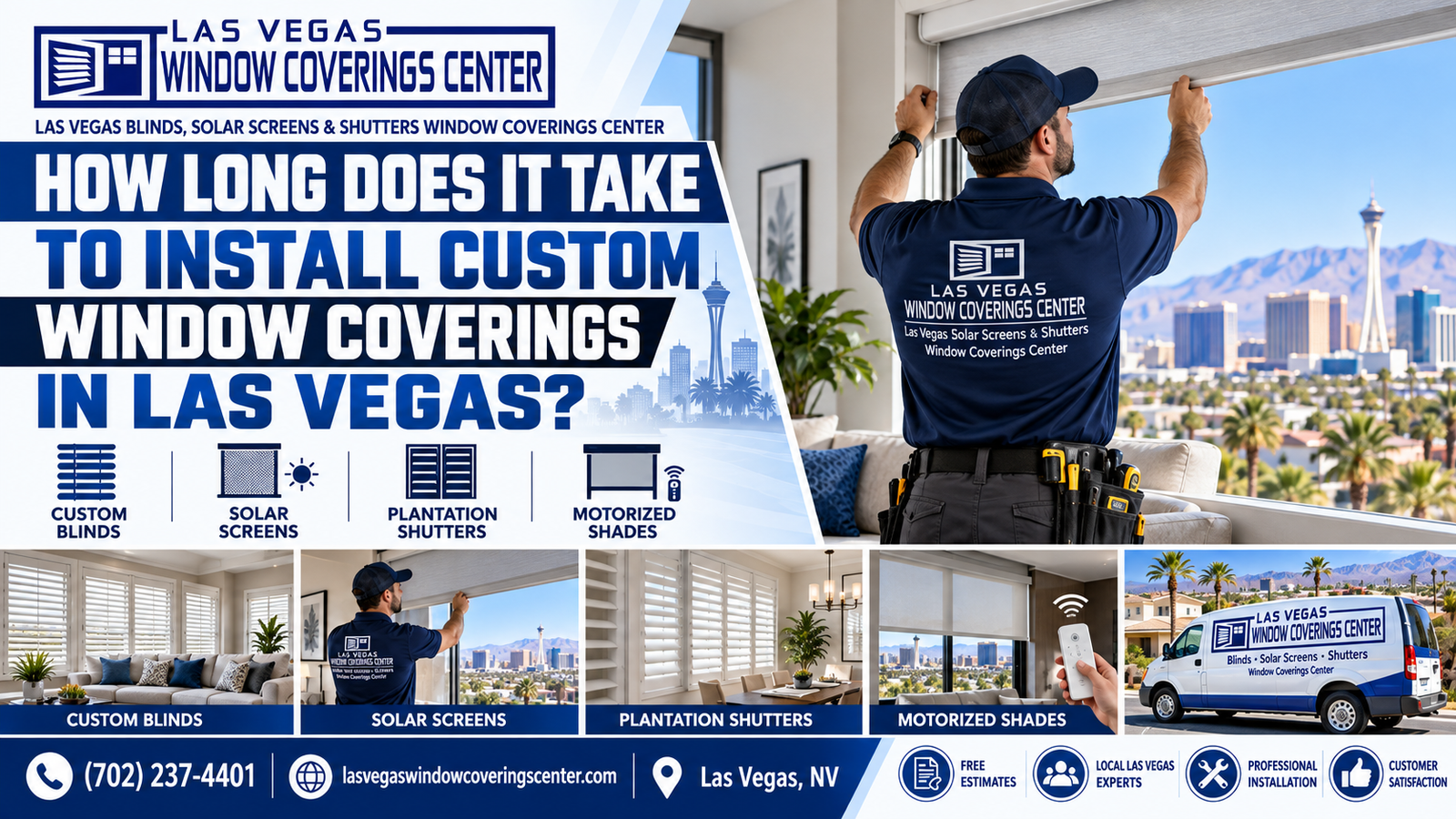 Installer mounting custom window shades on a large window in a Las Vegas home