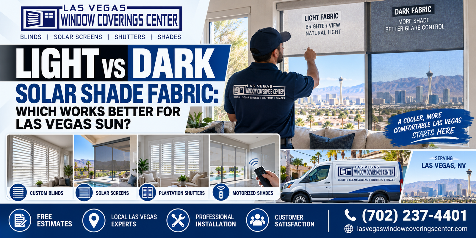 Light vs dark solar shade fabric comparison for controlling Las Vegas sun, glare and outdoor views