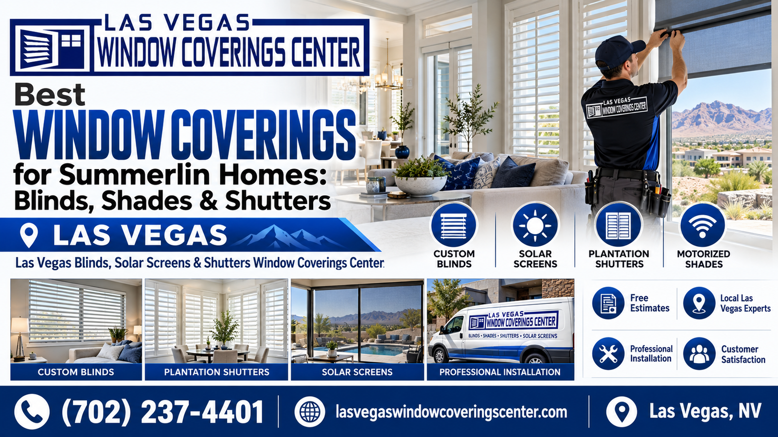 Plantation shutters and solar shades in a Summerlin home with mountain views