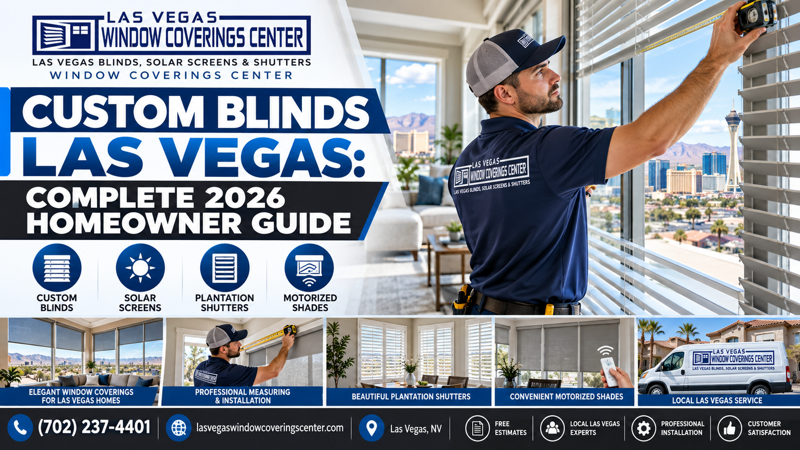 Custom blinds in a Las Vegas home: faux wood, wood, aluminum, vertical, cordless, and motorized options