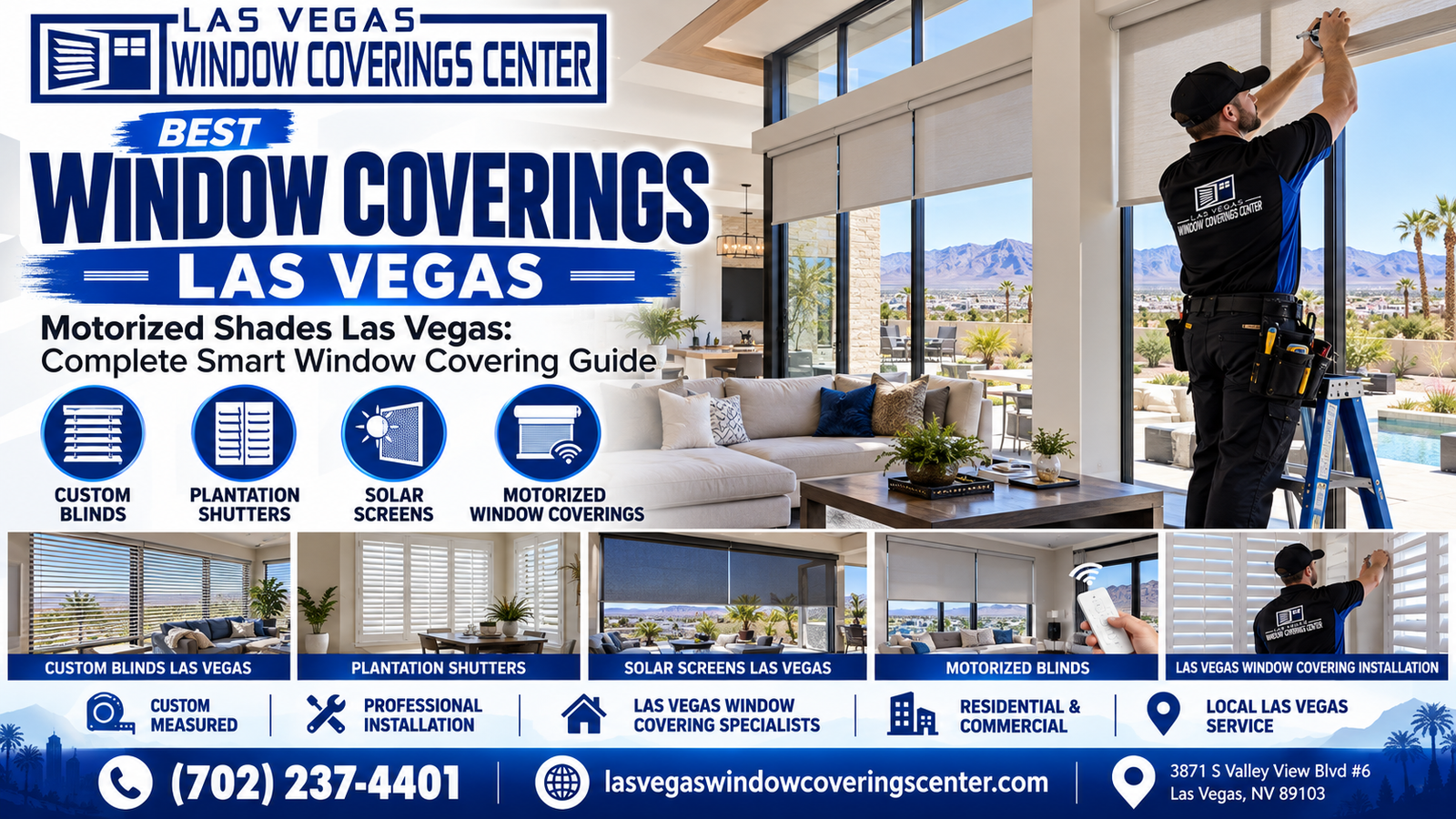Motorized shades on tall windows in a Las Vegas home controlled by remote and smart-home app