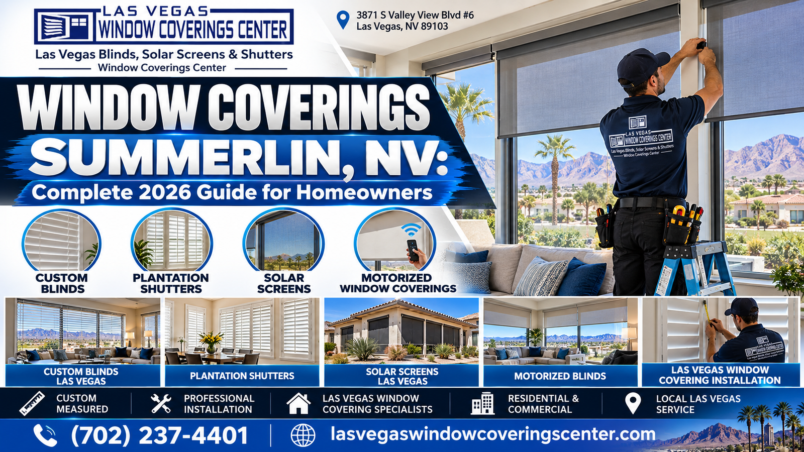 Window coverings in a Summerlin, NV home with mountain views: shades, shutters, and solar screens
