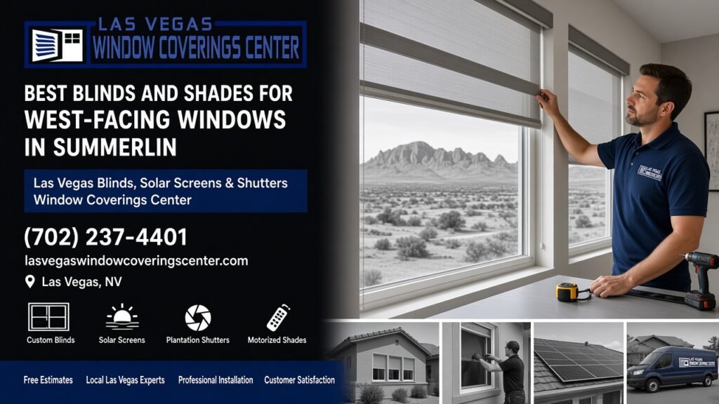 Installer adjusting solar roller shades on a west-facing Summerlin window with desert mountain view, Las Vegas Window Coverings Center