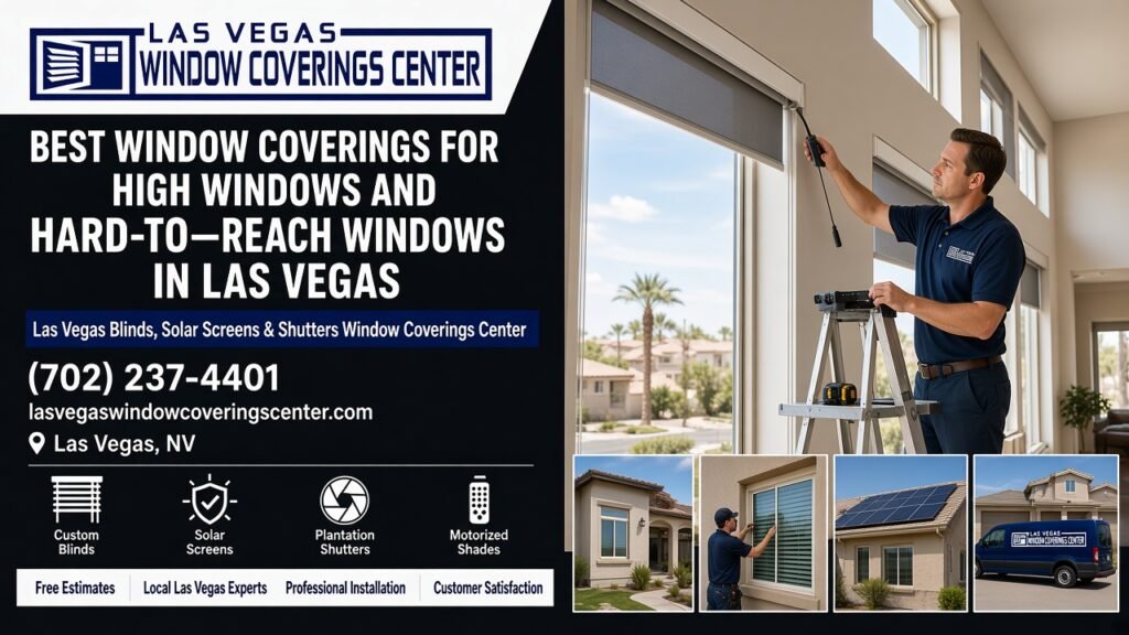 Installer fitting a motorized shade on a tall two-story window in a Las Vegas home, Las Vegas Window Coverings Center