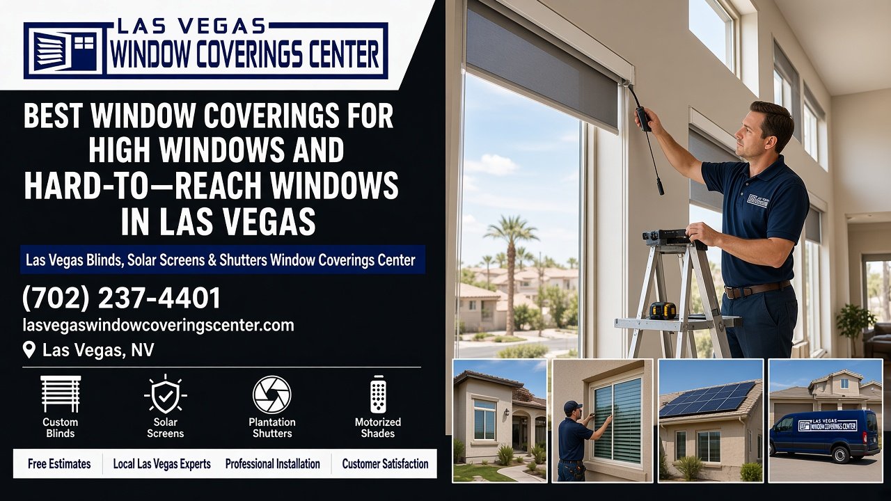Installer fitting a motorized shade on a tall two-story window in a Las Vegas home, Las Vegas Window Coverings Center