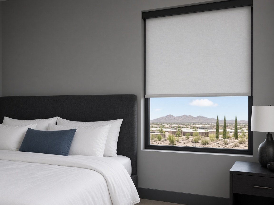 Light gray roller shade half lowered on a bedroom window with a desert view, example of a bedroom window covering style for Spring Valley homes