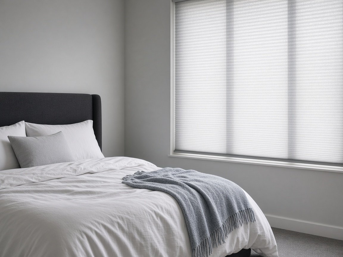 Light gray cellular honeycomb shades lowered on a wide bedroom window with soft filtered light, example of a bedroom window covering style for West Las Vegas homes