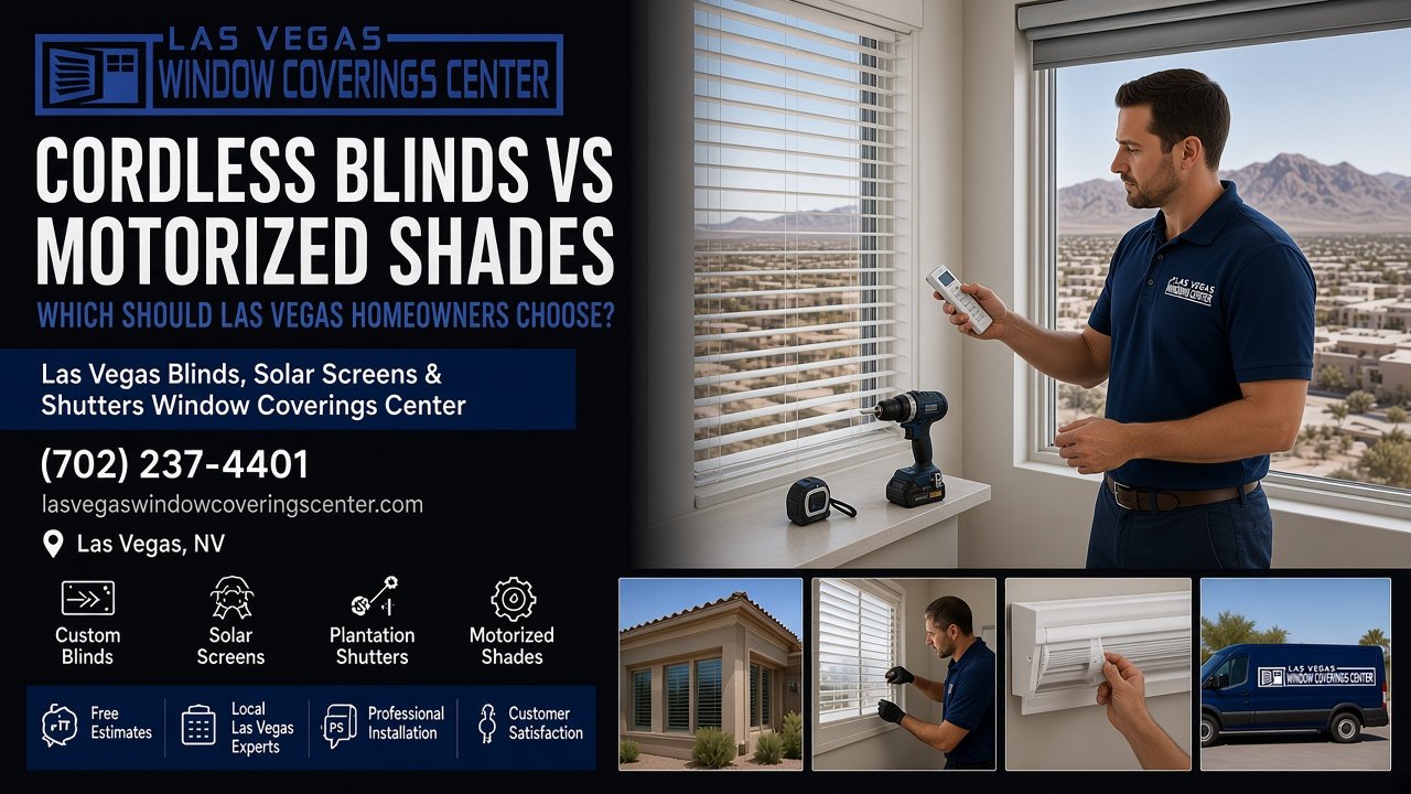 Installer holding a motorized shade remote beside white cordless blinds in a Las Vegas home, Las Vegas Window Coverings Center