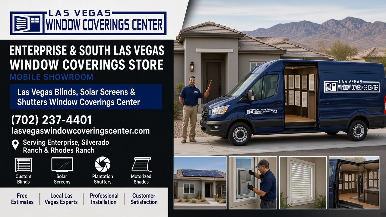 Las Vegas Window Coverings Center mobile showroom van parked outside a South Las Vegas home with an installer, serving Enterprise, Silverado Ranch and Rhodes Ranch