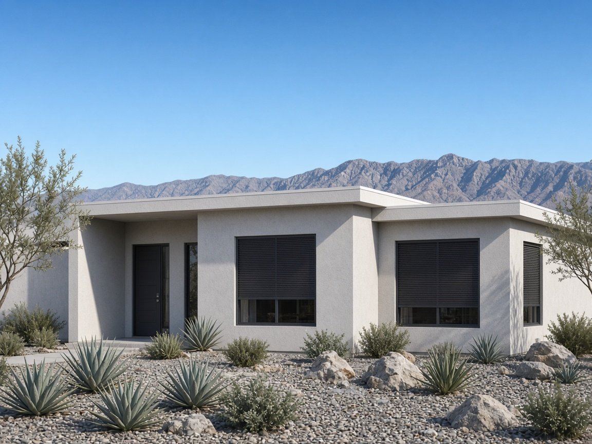 Light gray single-story desert stucco home with dark exterior screens over the windows and xeriscape landscaping, example of exterior sun control for Las Vegas homes