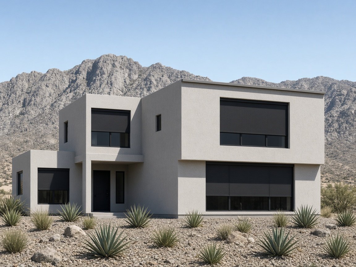 Two-story light gray stucco desert home with charcoal exterior solar screens on the windows and mountains behind, example of exterior sun control for Summerlin homes