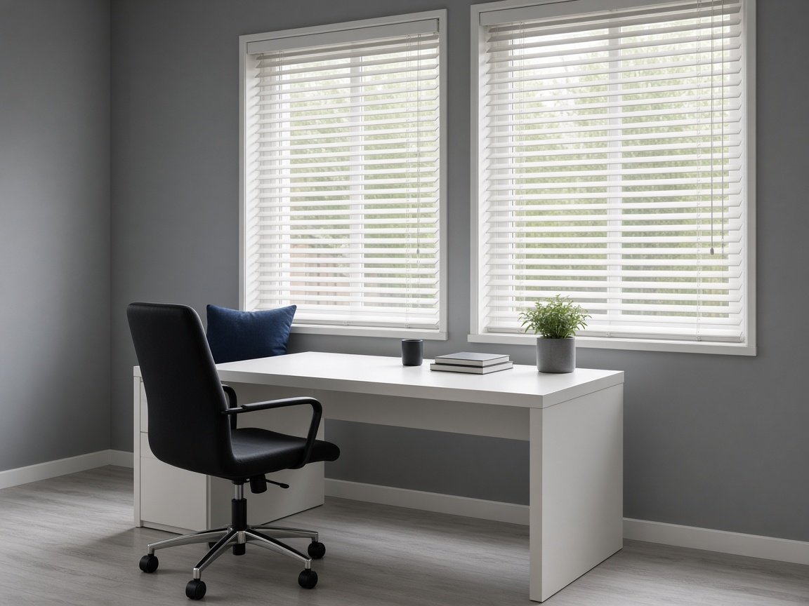 White faux wood blinds with slats tilted open on two home office windows beside a white desk, example of a window covering style for West Las Vegas homes