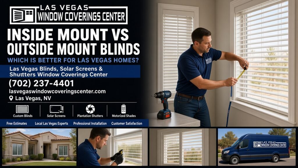 Installer measuring a window opening for inside mount white blinds in a Las Vegas home, Las Vegas Window Coverings Center