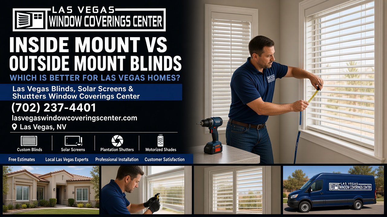 Installer measuring a window opening for inside mount white blinds in a Las Vegas home, Las Vegas Window Coverings Center