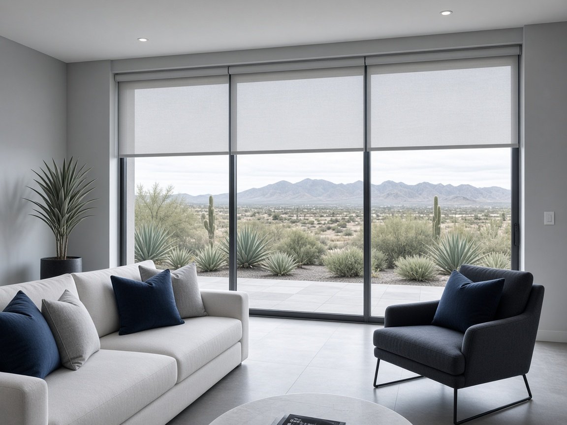 Light gray motorized roller shades partly lowered on large sliding glass doors facing a desert patio and mountains, example of a window covering style for Summerlin homes