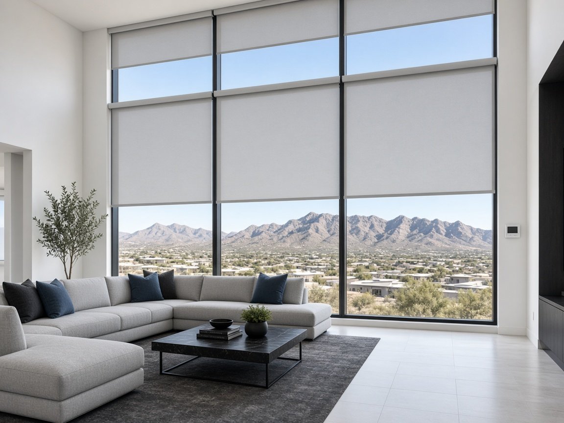 Light gray motorized roller shades partly lowered on a two-story window wall with a desert mountain view, example of a window covering style for tall Las Vegas windows
