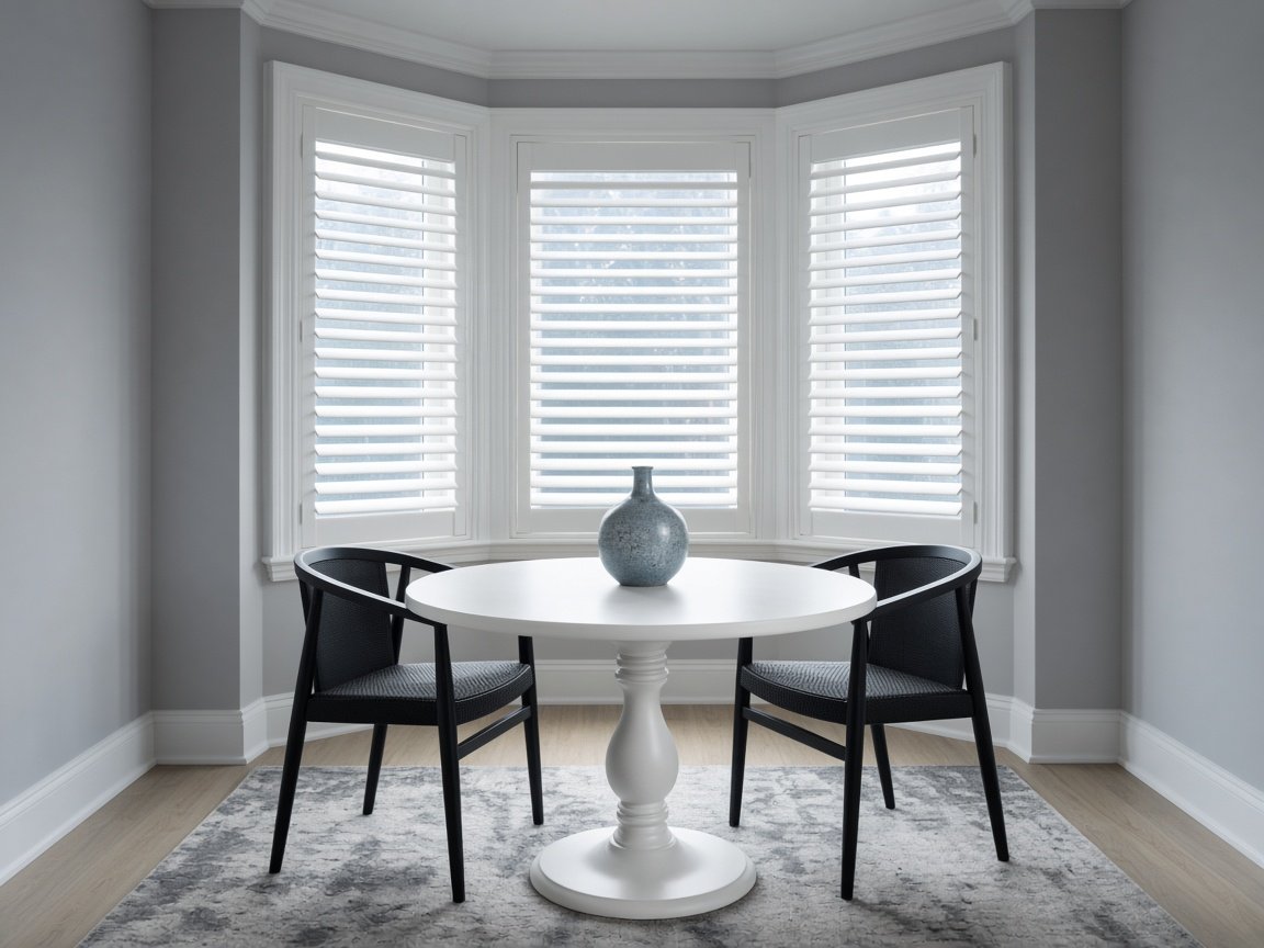 White plantation shutters with half-open louvers on a bay window breakfast nook with a round white table, example of a window covering style for Summerlin homes