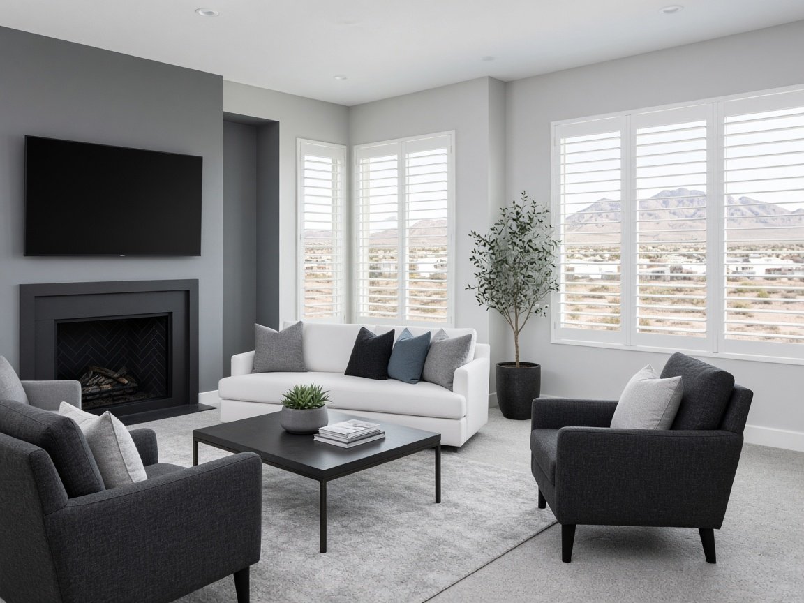White plantation shutters on tall windows in a gray and white living room with a desert mountain view, example of a window covering style for South Las Vegas homes