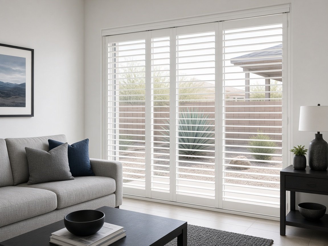 White plantation shutter panels on a track covering a sliding patio door to a desert backyard, example of a slider window covering style for Spring Valley homes
