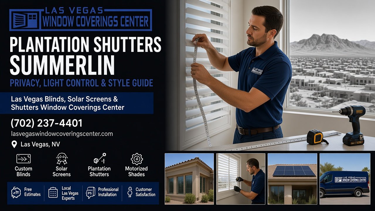 Installer measuring white plantation shutters in a Summerlin home with mountain views, Las Vegas Window Coverings Center