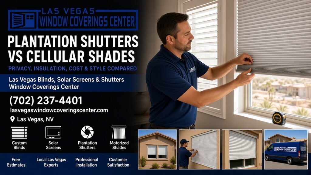 Installer adjusting a cellular shade beside white plantation shutters in a Las Vegas home, Las Vegas Window Coverings Center