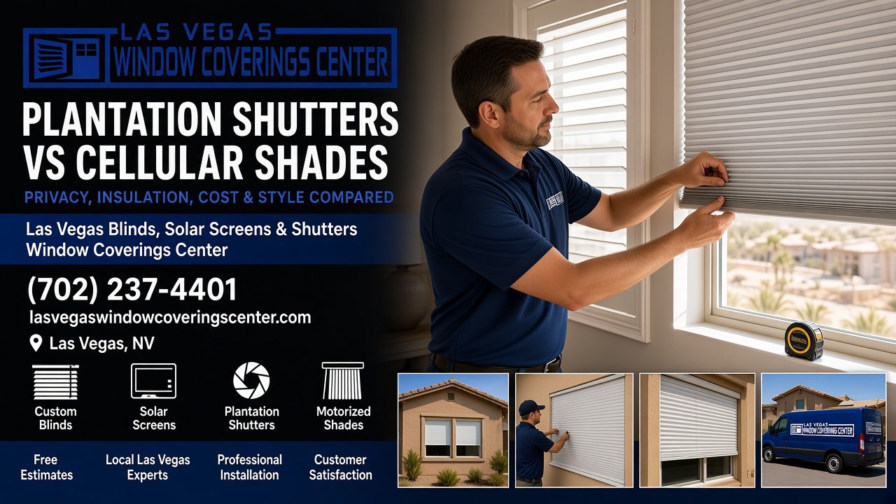 Installer adjusting a cellular shade beside white plantation shutters in a Las Vegas home, Las Vegas Window Coverings Center