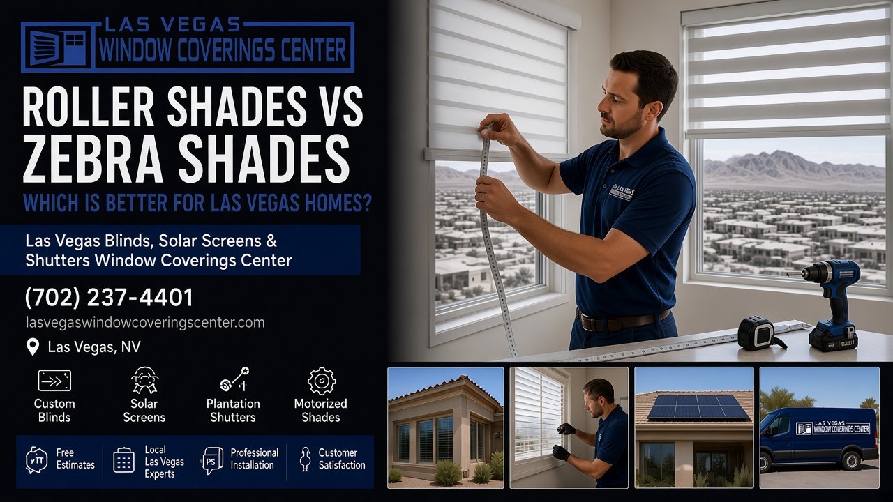 Installer measuring a zebra shade beside a white roller shade in a Las Vegas home, Las Vegas Window Coverings Center