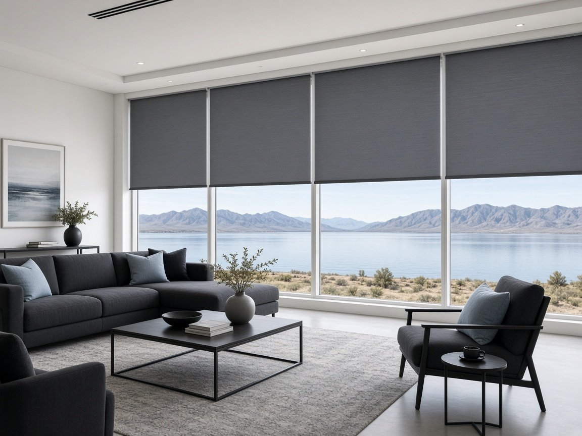 Charcoal solar roller shades half lowered on a wall of tall windows overlooking a lake and gray desert mountains, example of a view-keeping window covering style for West Las Vegas homes