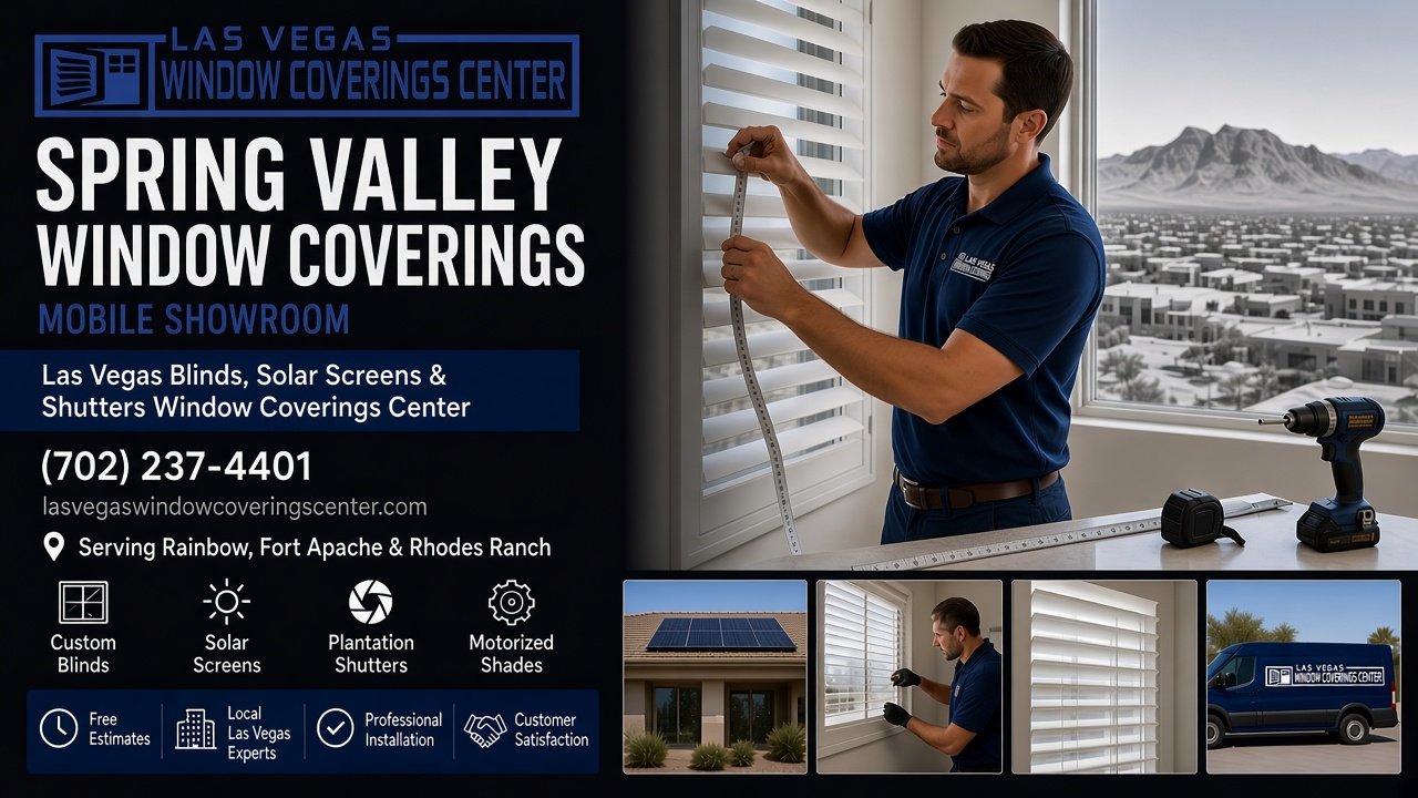 Installer measuring white plantation shutters in a Spring Valley Las Vegas home, Las Vegas Window Coverings Center mobile showroom serving Rainbow, Fort Apache and Rhodes Ranch