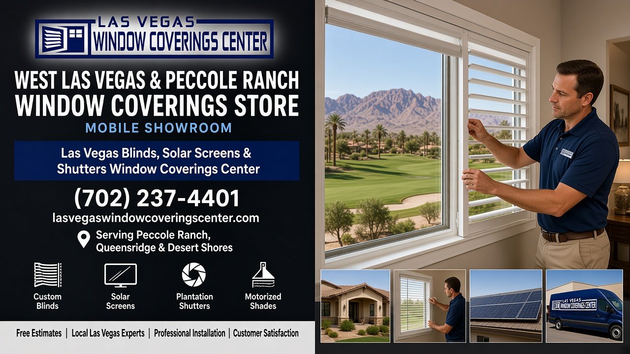 Installer adjusting white plantation shutters on a golf course view window in a West Las Vegas home, Las Vegas Window Coverings Center mobile showroom serving Peccole Ranch and Queensridge