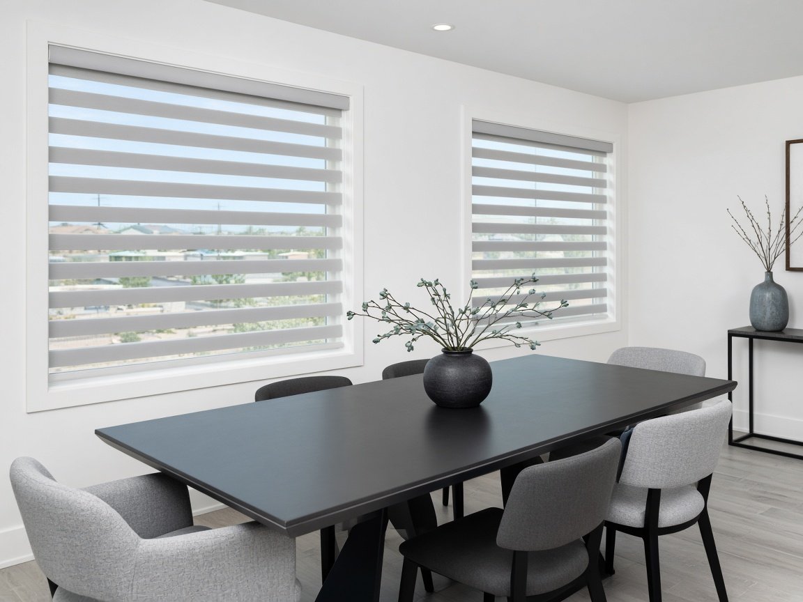 White zebra shades with alternating sheer and solid bands on two dining room windows, example of a window covering style for Spring Valley homes